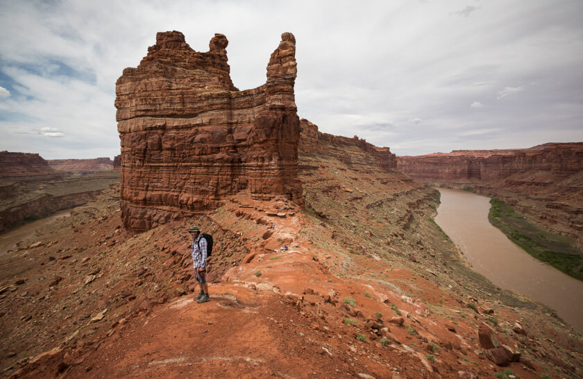 A hiker stands high up on a hill in front of sandstone canyon walls rising up and the river can be seen on both sides.