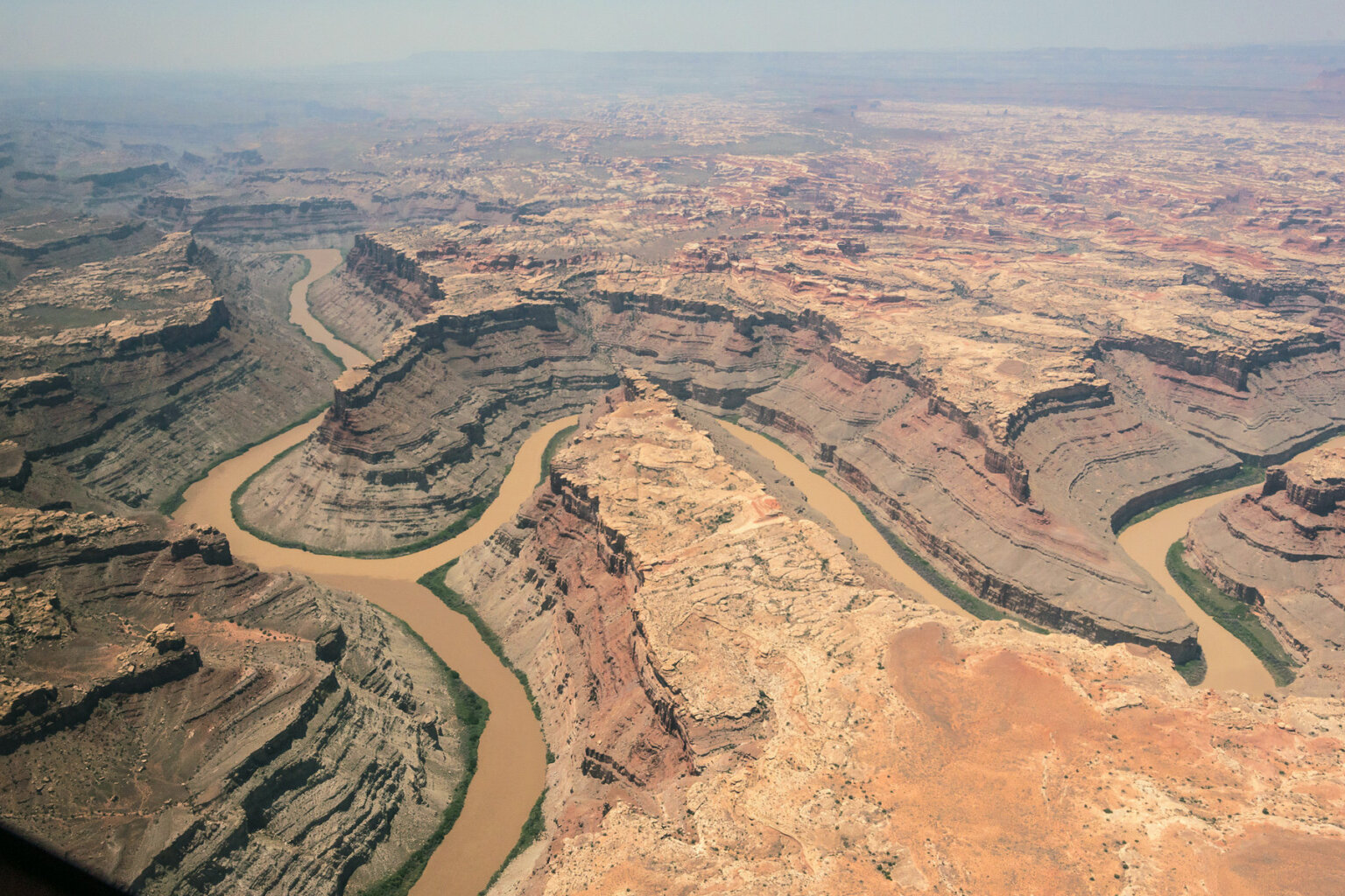 Aerial view of the confluence of the Green and Colorado Rivers.
