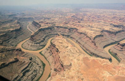 Aerial view of the confluence of the Green and Colorado Rivers.