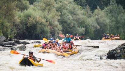 A group of rafters and kayakers navigates through rapid waters, surrounded by lush greenery and rocky terrain, enjoying an adventurous outing.