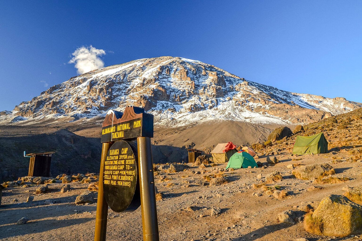 A group of tents and pit toilets near the summer for Mount Kilimanjaro