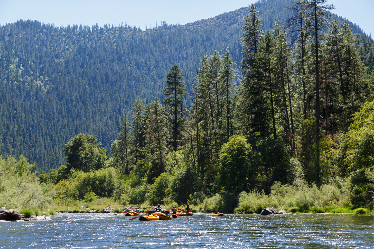 Several rafts and kayakers make their way downstream on the Lower Klamath River as deep green forested mountains rise around the river.