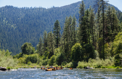 Several rafts and kayakers make their way downstream on the Lower Klamath River as deep green forested mountains rise around the river.