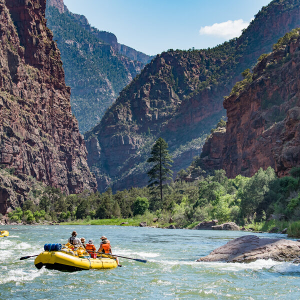 Two yellow OARS rafts full of people on the Green River through the Gates of Lodore.