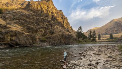 A man fly fishing along Idaho's Middle Fork of the Salmon River
