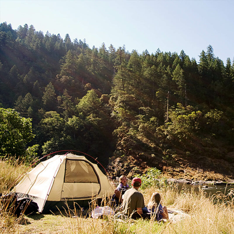 Tent set up in the woods in Oregon.