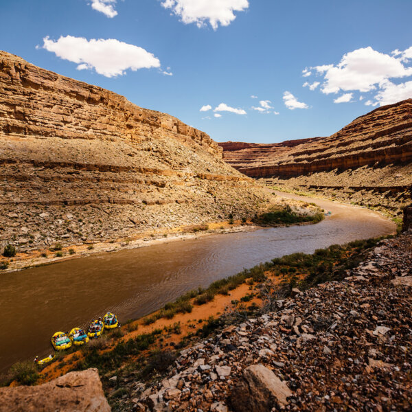 A view from above of several yellow rafts tied up at shore on the San Juan River in a desert canyon.