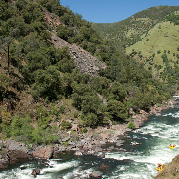 Landscape view of three yellow rafts and a catamaran on an OARS Tuolumne River trip in California.