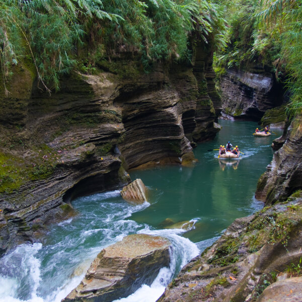 Two paddle rafts with guests head towards a rapid on the Upper Navua river with the rainforest above them.
